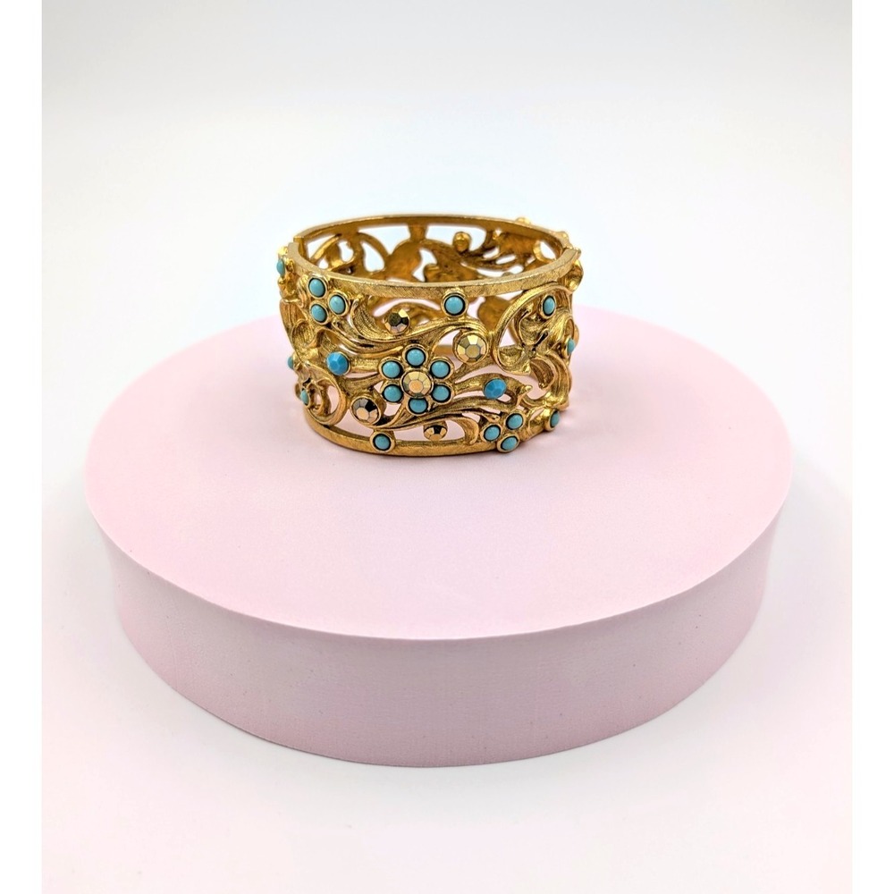 VTG‎ Barrera Bracelet Gold Tone Hinged Cuff Sculpted Blue Rhinestone Statement